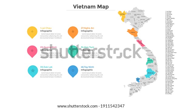 Vietnam map divided into federal states.\
Territory of country with regional borders. Vietnamese\
administrative division. Infographic design template. Vector\
illustration for touristic guide,\
banner.
