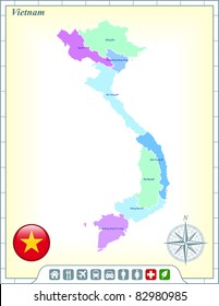 Vietnam Map with Flag Buttons and Assistance & Activates Icons Original Illustration