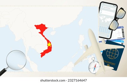 Mapa y bandera de Vietnam, avión de carga en el mapa detallado de Vietnam con bandera, pasaporte, lupa y avión. Plantilla de vectores.