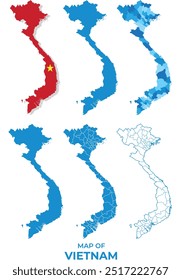 Mapa de Vietnam con la bandera y el esquema plano conjunto de Ilustraciones vectoriales