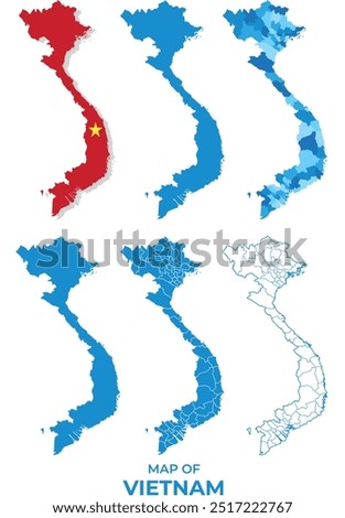 Vietnam Map with flag and flat outline vector illustration set