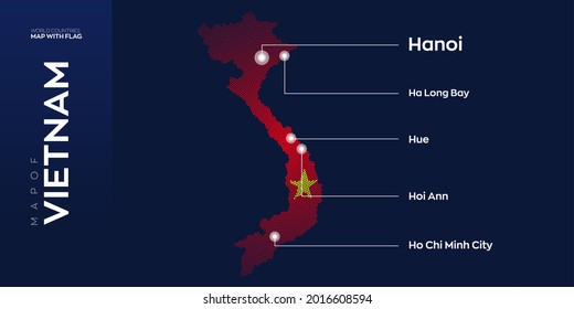 Vietnam map with flag info graphic. Abstract vector map of Vietnam with capital and major cities. Dots composition map on dark background.
