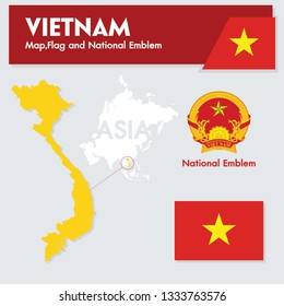 Vietnam Map Flag and National Emblem