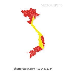 Mapa de Vietnam con bandera y sombra aislada en fondo blanco. Ilustración del vector EPS10.