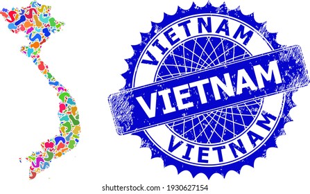 Vietnam map flat illustration. Spot mosaic and scratched stamp for Vietnam map. Sharp rosette blue stamp with tag for Vietnam map. Mosaic vector Vietnam map created with randomized colorful splashes.