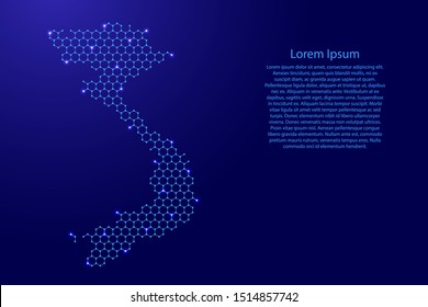 Vietnam map from futuristic hexagonal shapes, lines, points  blue and glowing stars in nodes, form of honeycomb or molecular structure for banner, poster, greeting card. Vector illustration.