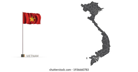 Vietnam map. gray country vector map, and flag 3d illustration.