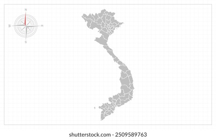 Mapa de Vietnam con estilo gris y elemento compás.