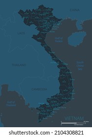 Mapa de Vietnam. Mapa detallado de Vietnam con países, fronteras, ciudades, objetos de agua. Ilustración vectorial eps10