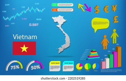 Vietnam map info graphics - charts, symbols, elements and icons collection. Detailed Vietnam map with High quality business infographic elements.