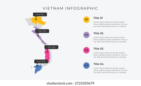 Vietnam Karte Infografik Vorlage mit 4 Optionen. Vietnam Verwaltungskarte Infografik für die Präsentation.