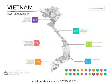  Vietnam map infographics with editable separated layers, zones, elements and district area in vector