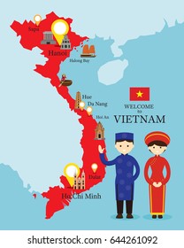 Vietnam Map and Landmarks with People in Traditional Clothing, Culture, Travel and Tourist Attraction