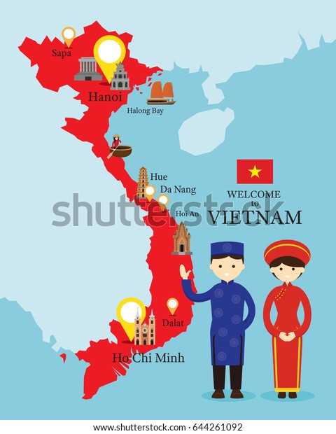 Vietnam Map Landmarks People Traditional Clothing Stock Vector (Royalty ...