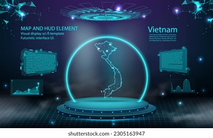 Vietnam Karte heller verbindender Effekt Hintergrund. abstrakte digitale Technologie UI, GUI, futuristische HUD Virtual Interface mit Vietnam Karte. Stage futuristisches Podium in Nebel.