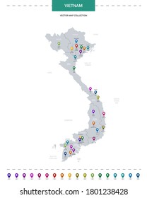 Vietnam map with location pointer marks. Infographic vector template, isolated on white background. 