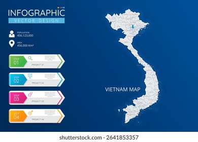 Vietnam map with location pointer marks. High detailed country map with division, cities and capital infographic template. Vector illustration EPS10