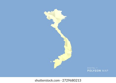 Mapa de Vietnam en estilo de Vector de polígono bajo, ilustración de forma geométrica con tonos amarillos suaves sobre fondo azul, silueta limpia para infografía.