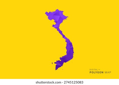 Vietnam Map - Low poly polygon map in vibrant purple gradient on bold yellow background, modern minimal geometric style, clean digital vector illustration.