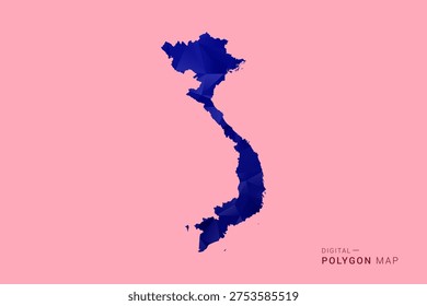 Vietnam Map - Low poly polygon map in deep blue gradient on soft pink pastel background, modern minimal geometric design, clean digital vector illustration.