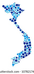 Vietnam Map mosaic of spheric dots in different sizes and blue color tinges. Random circle elements are composed into Vietnam Map illustration. Vector geographic blue map vector illustration.