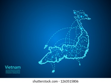 Vietnam map with nodes linked by lines. concept of global communication and business. Dark Vietnam map created from white dots with travel locations or internet connection.