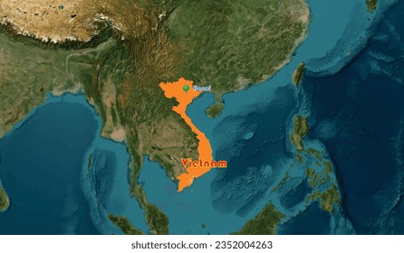 Vietnam map on the world background. The country is an ASEAN member and is known for its geographical shape of a S. It is a tropical country with sunny weather all year. Its capital is Hanoi city