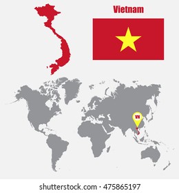 Vietnam map on a world map with flag and map pointer. Vector illustration