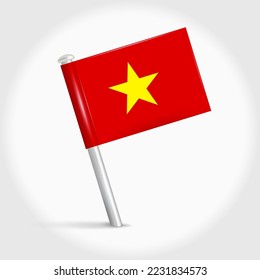 Vietnam map pin flag icon. Vietnamese pennant map marker on a metal needle. 3D realistic vector illustration.