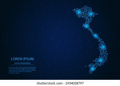 Vietnam map from point blue and glowing stars on a dark background. Vector eps 10.