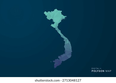Mapa de Vietnam - Ilustración vectorial de estilo polígono con degradado azul azulado, diseño geométrico de bajo poli, inspirado en la Tecnología digital y silueta limpia sobre fondo oscuro.