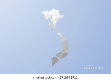 Mapa do Vietnã - ilustração vetorial estilo polígono em tons de cinza, branco e azul, design geométrico baixo-poli, silhueta mínima, adequado para design infográfico e moderno.