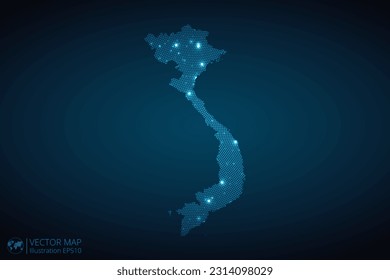 Vietnam map radial dotted pattern in futuristic style, design blue circle glowing outline made of stars. concept of communication on dark blue background. Vector EPS10