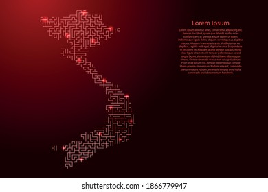 Vietnam map from red pattern of the maze grid and glowing space stars grid. Vector illustration.