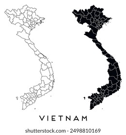 Vietnam map of regions districts vector black on white and outline