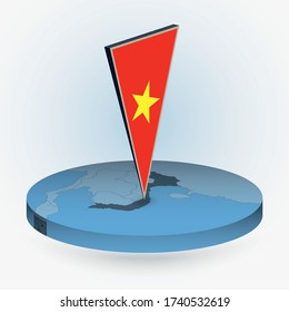 Mapa vietnamita de estilo isométrico redondo con bandera triangular 3D de Vietnam, mapa vector de color azul. 
