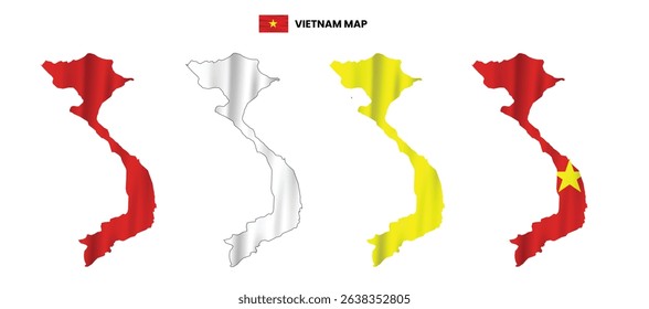 Vietnam map in various style frames, icons, black color, borders, flag colors. Vector illustration