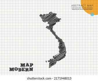 Vietnam map of vector black silhouette chaotic hand drawn scribble sketch on grid paper used for notes or decoration.
