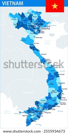 Vietnam Map Vector Blue Spot - Customizable layered political map of Vietnam with administrative divisions for website, education, reports, news, politics, print, poster and wallpaper