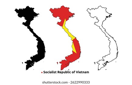 Vietnam Map Vector - Country Outline, Flag Inside Map, Blank and Silhouette Version