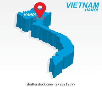 Mapa do Vietnã Vetor, Hanoi Capital Marker on Blue 3D Country Shape, Vietnam Infographic Design, Editável Destination Pointer Vietnam Geografia
