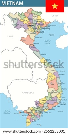 Vietnam Map Vector New 2024 Colorful - Customizable layered political map of Vietnam with administrative divisions for website, education, reports, news, politics, print, poster and wallpaper