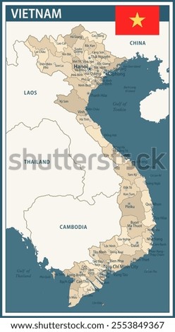 Vietnam Map Vector Vintage Dark Blue Beige - Customizable layered political map of Vietnam with administrative divisions for website, education, reports, news, politics, print, poster and wallpaper