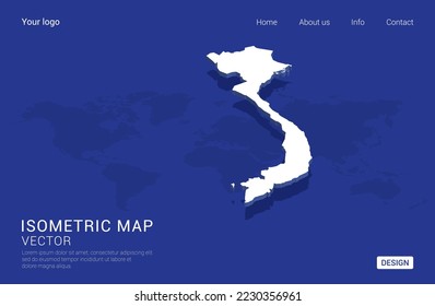 Vietnam map white on dark blue background 3d isometric vector illustration.