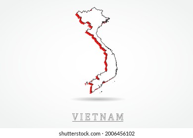 Vietnamkarte - Weltkarte, internationale Vektorvorlage mit rotem und umrissenem Grafikskizzenstil einzeln auf weißem Hintergrund - Vektorgrafik eps10