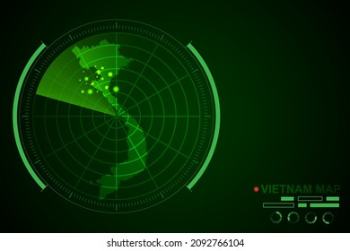 Mapa de Vietnam - Mapa Mundial Plantilla vectorial internacional con el estilo de radar de círculo futurista HUD, GUI, interfaz de interfaz de usuario aislada en fondo verde oscuro - Ilustración vectorial eps 10
