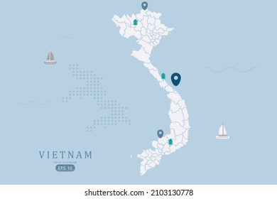 Vietnamkarte - Weltkarte Internationale Vektorvorlage Hoch detailliert mit weißer Farbe einzeln auf blauem Hintergrund einschließlich einfacher Position, Baum, Boot-Symbol - Vektorgrafik eps10