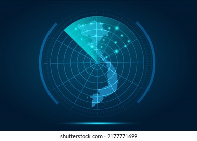 Mapa de Vietnam - Mapa Mundial Plantilla vectorial Internacional con el estilo de radar de círculo futurista HUD, GUI, interfaz de interfaz de usuario aislada en fondo azul para diseño, infografía - Ilustración vectorial eps 10