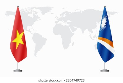 Vietnam and Marshall Islands flags for official meeting against background of world map.