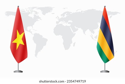 Vietnam and Mauritius flags for official meeting against background of world map.